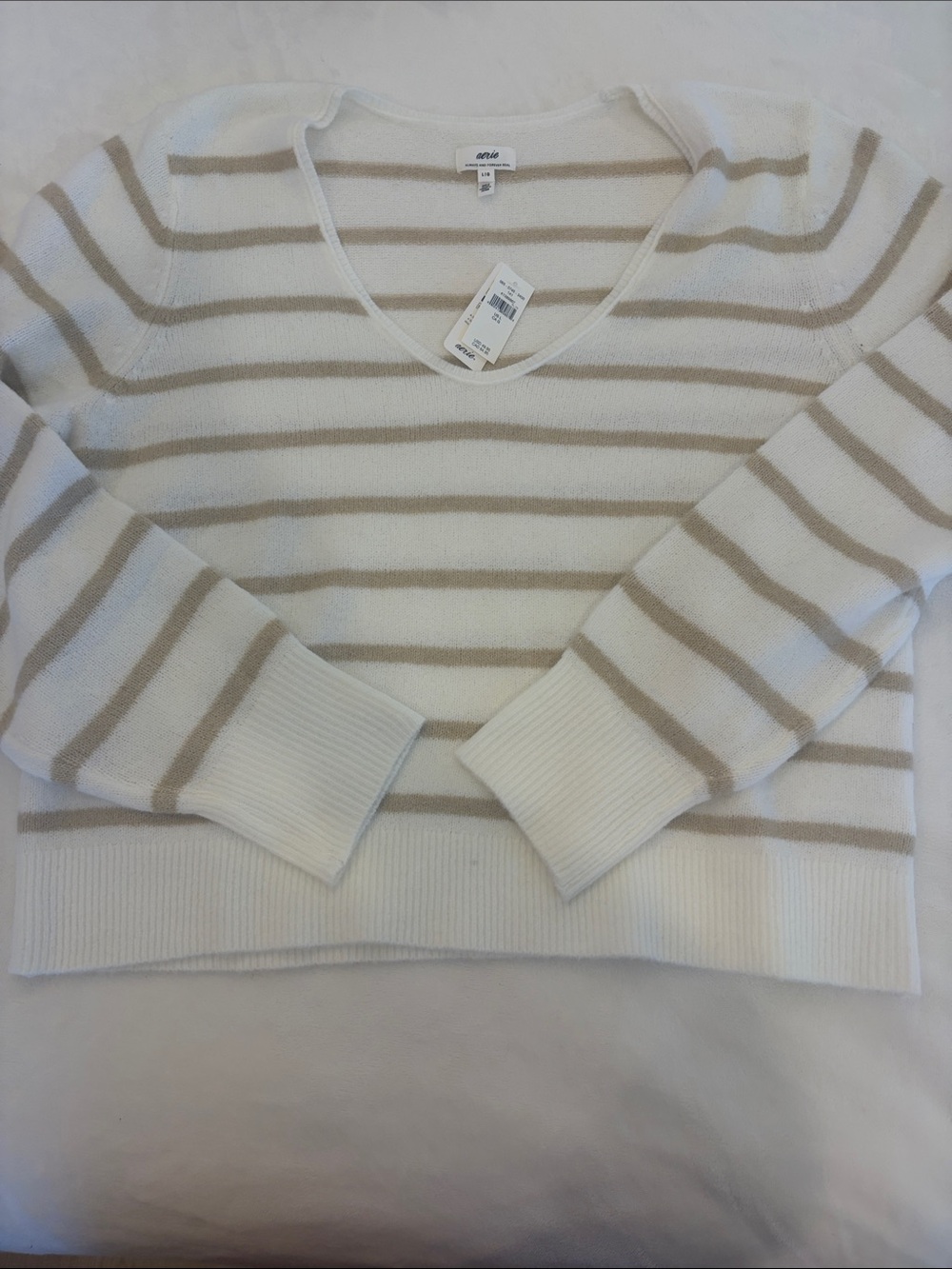aerie Cream & Beige Striped V-Neck Sweater
